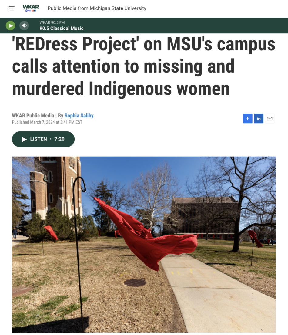Screenshot of the WKAR Public Media story, 'REDress Project' of MSU's campus calls attention to missing and murdered Indigenous women